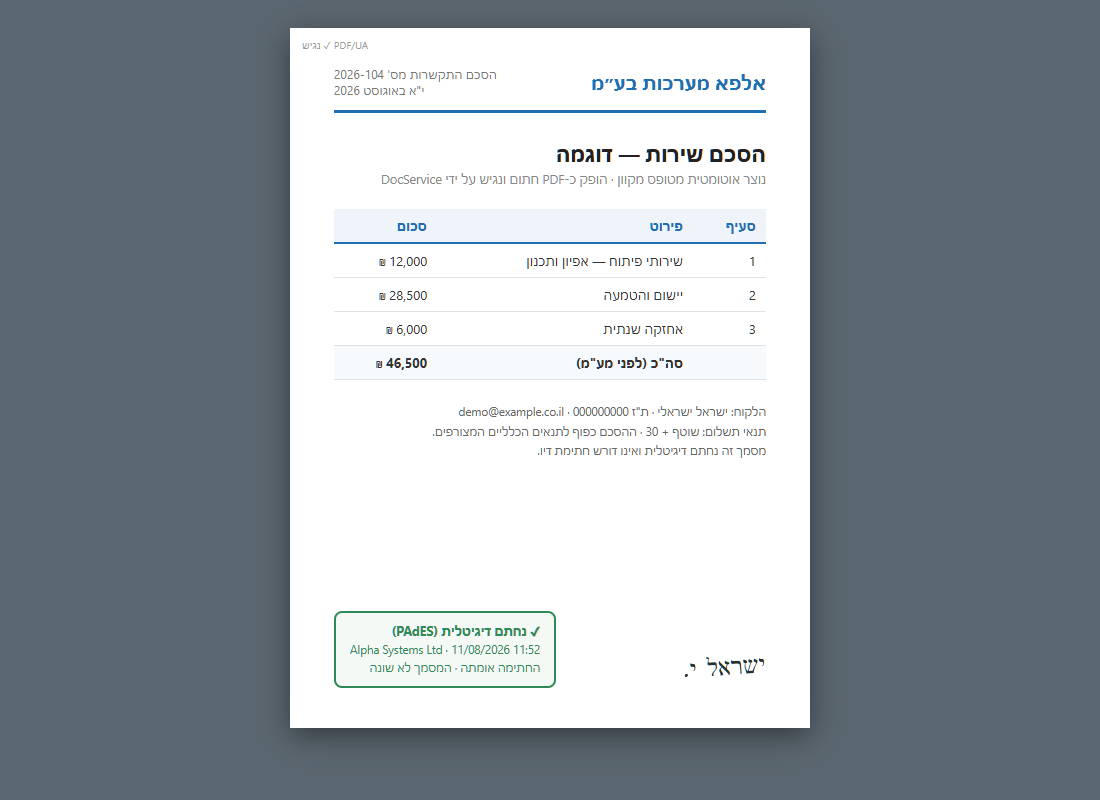 דוגמה למסמך שהופק על ידי DocService — חתום דיגיטלית ונגיש (נתוני דמו)