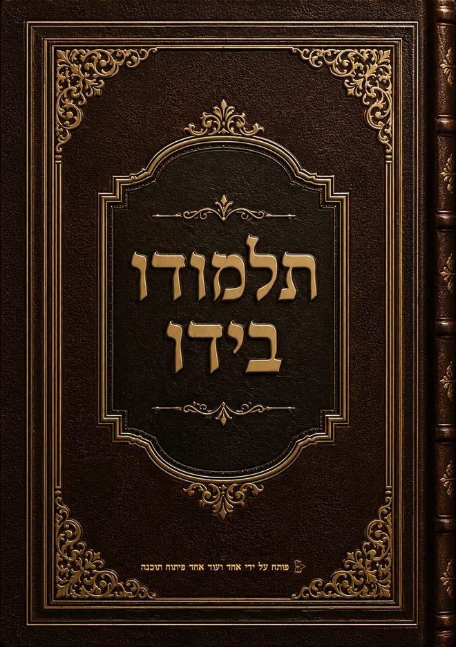 כריכת תלמודו בידו: כריכת עור כהה עם שם הספר בהטבעת זהב